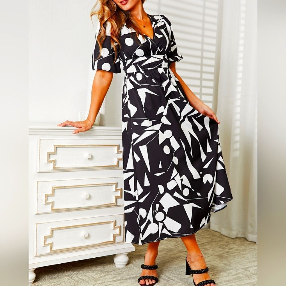 Women's Midi Abstract Floral Metal Surplice Balloon Sleeve Dress  Sz M